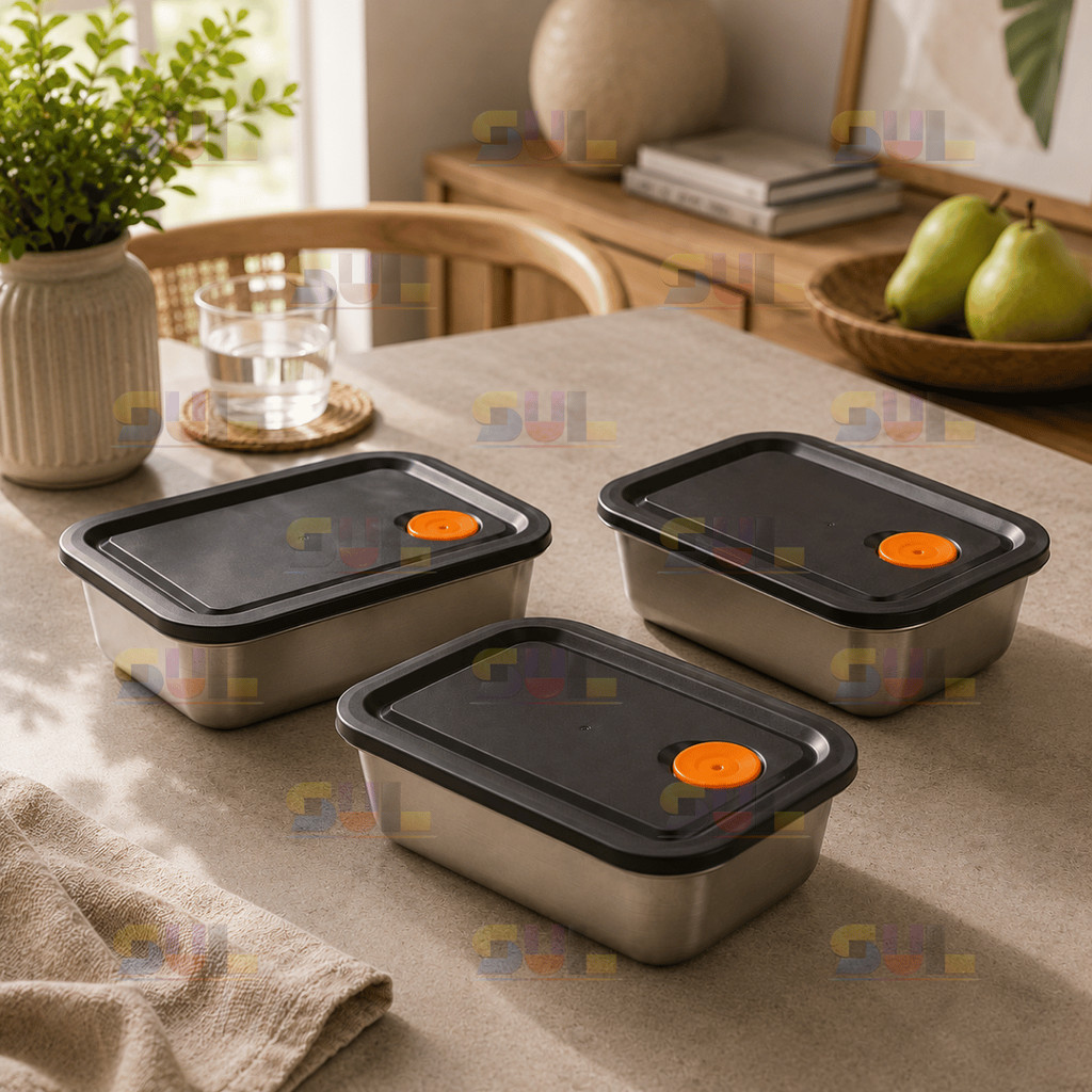 Kit 3 Potes Herméticos Aço Inox Retangular com Tampa - Organizador Geladeira Cozinha Freezer
