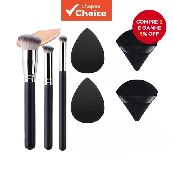 Kit Completo de Maquiagem Facial | Coleção de Pincéis de 3 Peças para Corretivo & 2 Esponjas de Mistura Pretas |