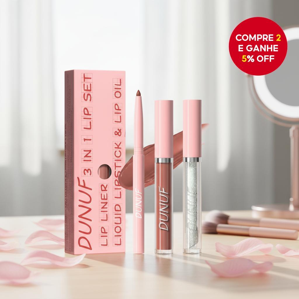 DUNUF Conjunto de Maquiagem Labial 3 em 1: À prova d'água, de longa duração, cores universais. Presente perfeito.
