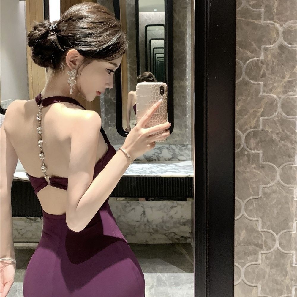 Design Halterneck vestido feminino verão irmã real estilo magro-ajuste vestido saia longa preto temperamento Hip envoltó