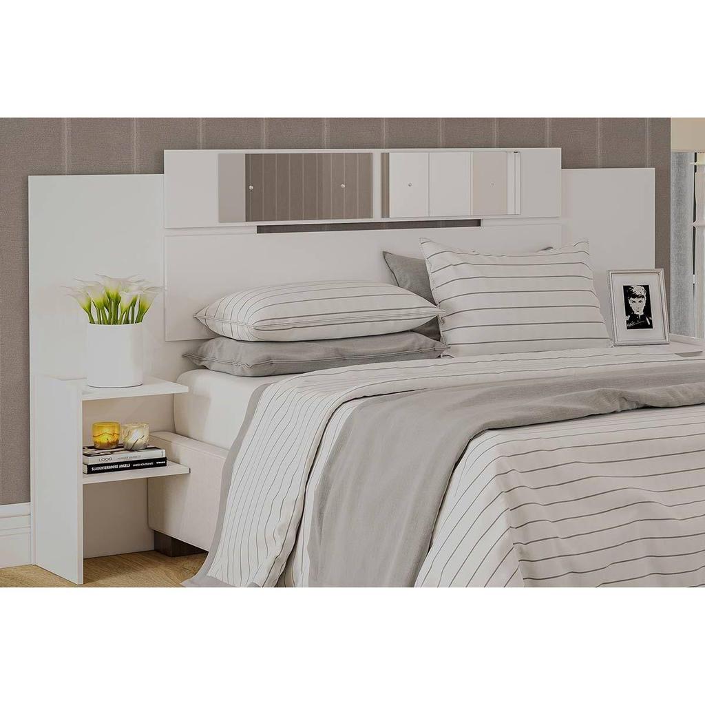 Cabeceira Cama Box Madeirado Branco Solteiro/Casal/Queen Mila c/ Espelho Branco - Panan