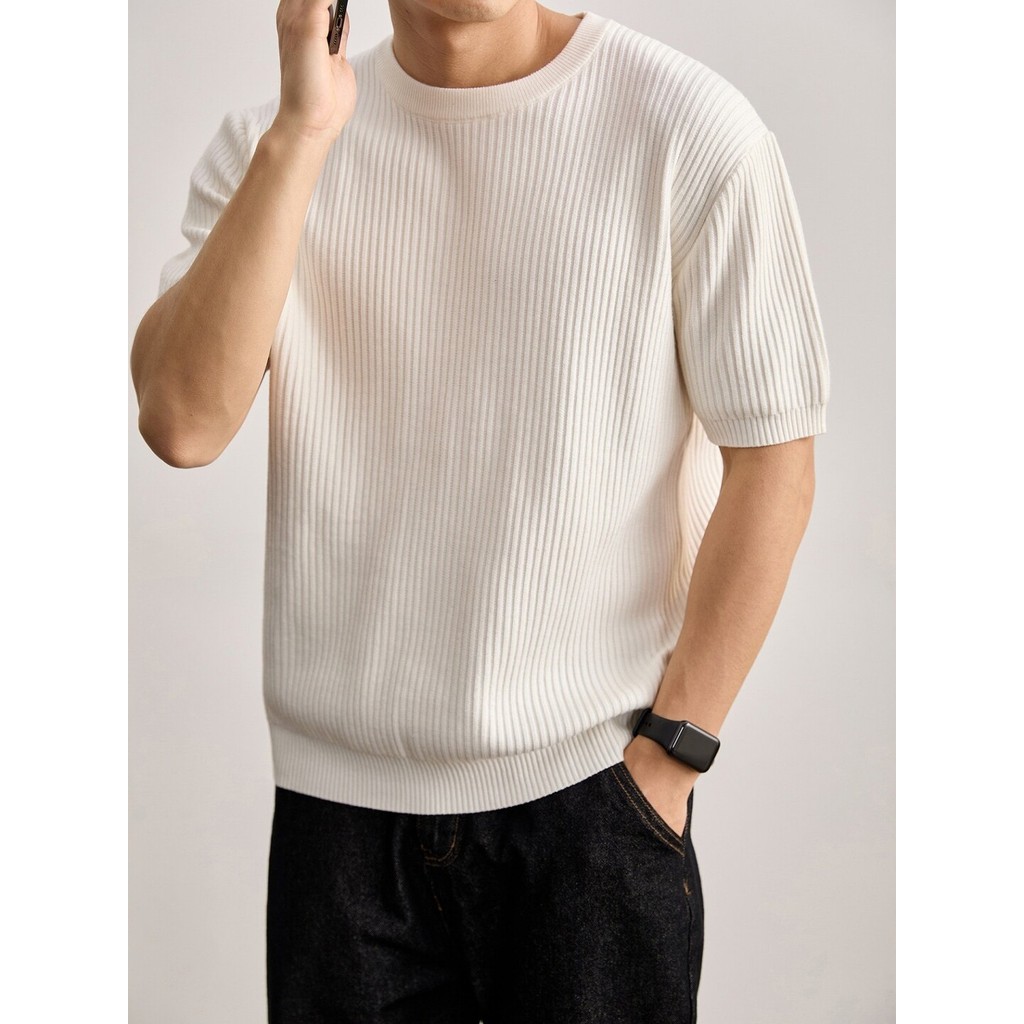 Camiseta masculina de malha legal de seda gelada 2026 primavera verão Street Wear textura Base meia manga simples em tor