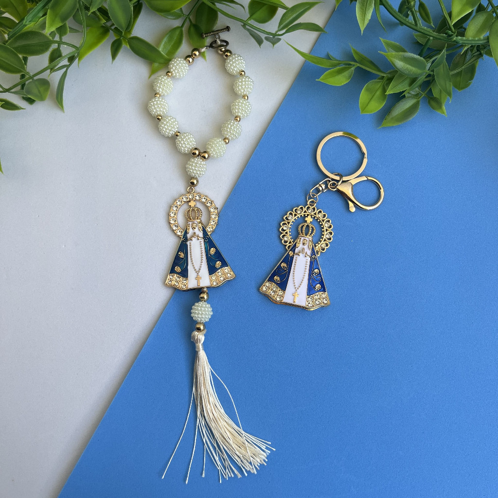 KIT 1 Chaveiro + 1 Terço Dezena de Nossa Senhora Aparecida Branco