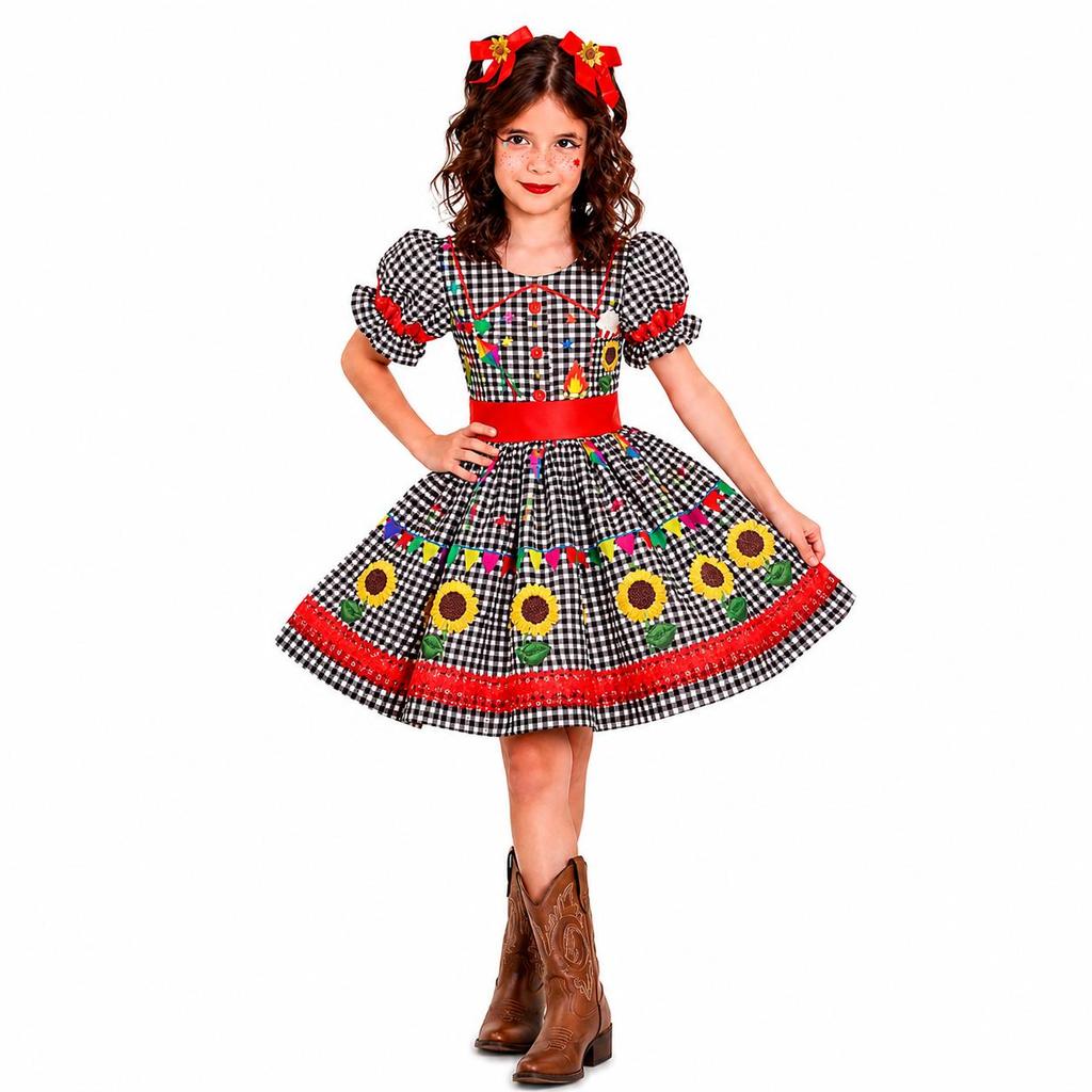 Vestido Festa Junina Xadrez Preto de Luxo Mangas Bufantes Roupa Caipira Menina Dança Quadrilha Escola