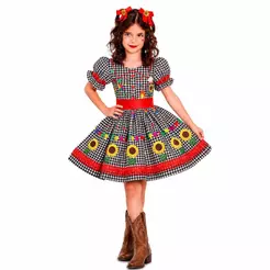 Vestido Festa Junina Xadrez Preto de Luxo Mangas Bufantes Roupa Caipira Menina Dança Quadrilha Escola