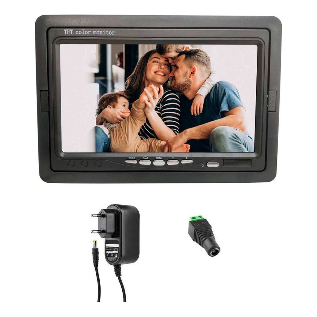 KIT 1 Tela Monitor 7 polegadas LCD Colorido 2 entradas de vídeo (2 AV-in) + Fonte e Conector