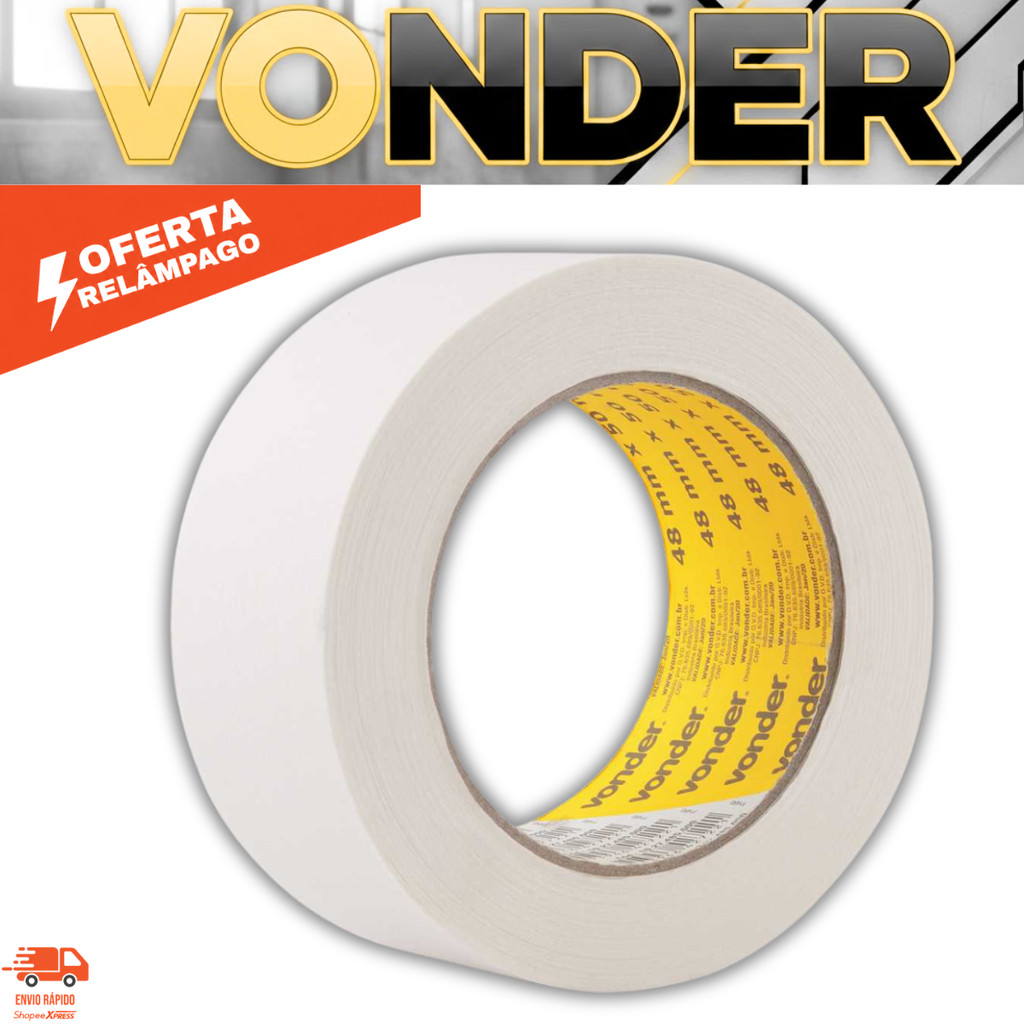 Fita Crepe 48mm x 50m VONDER Resistente para Pintura Mascaramento Reparos e Uso Profissional