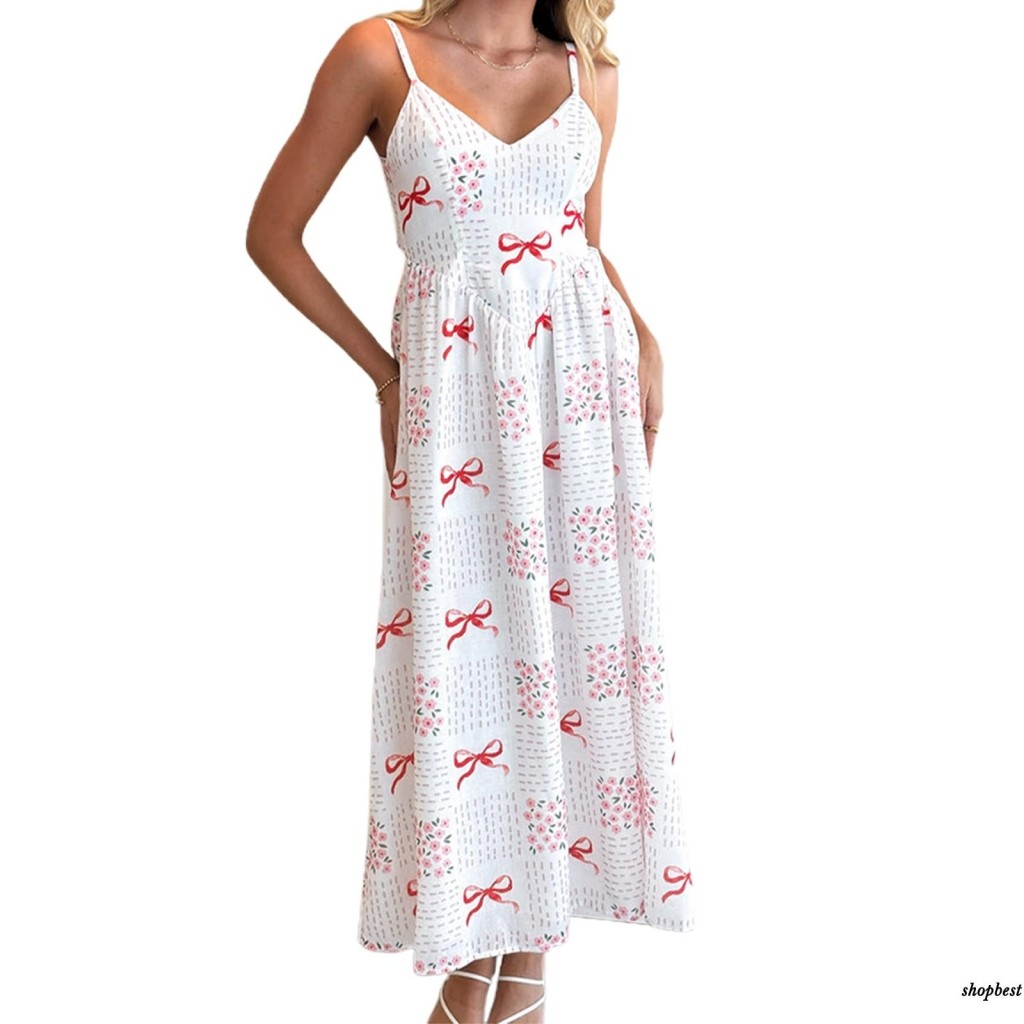 [DAISY] Vestido Feminino Deslizante Com Alças Finas , Decote Em V , Costas Nuas , Laço Floral , Longo De Verão Para Coqu