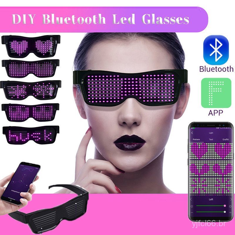 Óculos de Festa com Controle por Aplicativo Bluetooth, LED, Idioma Personalizável, Recarregáveis por USB, Óculos Luminos
