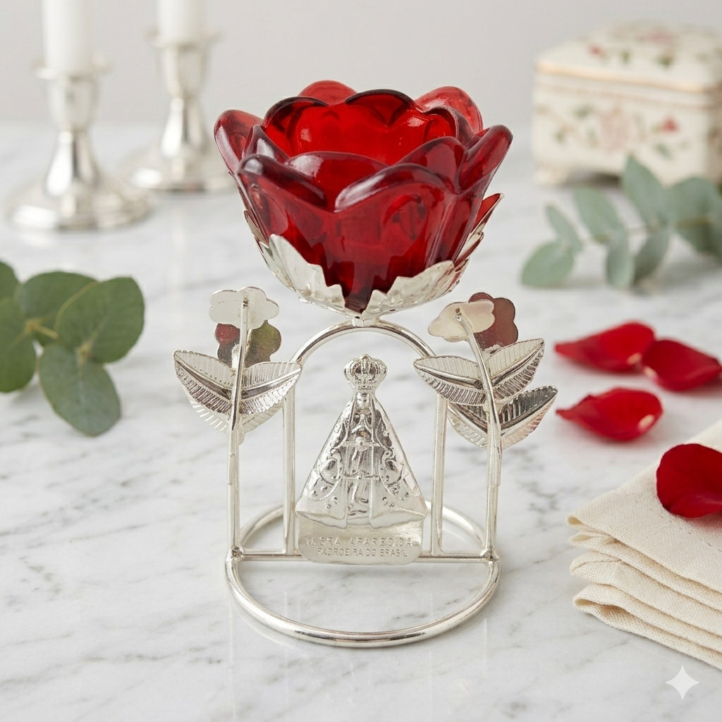 Castiçal Rosa 13 cm com Nossa Senhora Aparecida Porta Vela Decorativo Religioso Vidro Base Metal Presente Fé