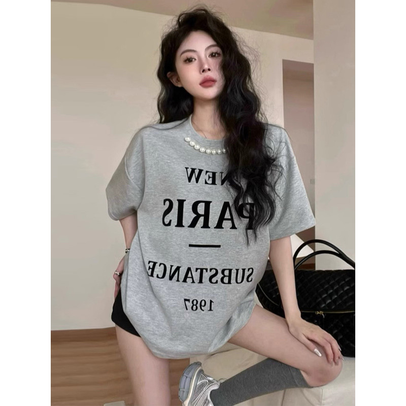 Camiseta bonita exclusiva feminina indústria pesada pérola estilo de comprimento médio capa Design de bunda sensação Sup
