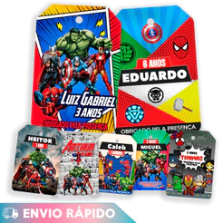 TAG Personalizavel VINGADORES Herois KIT com 30 e 60 unidades etiquetas com furo