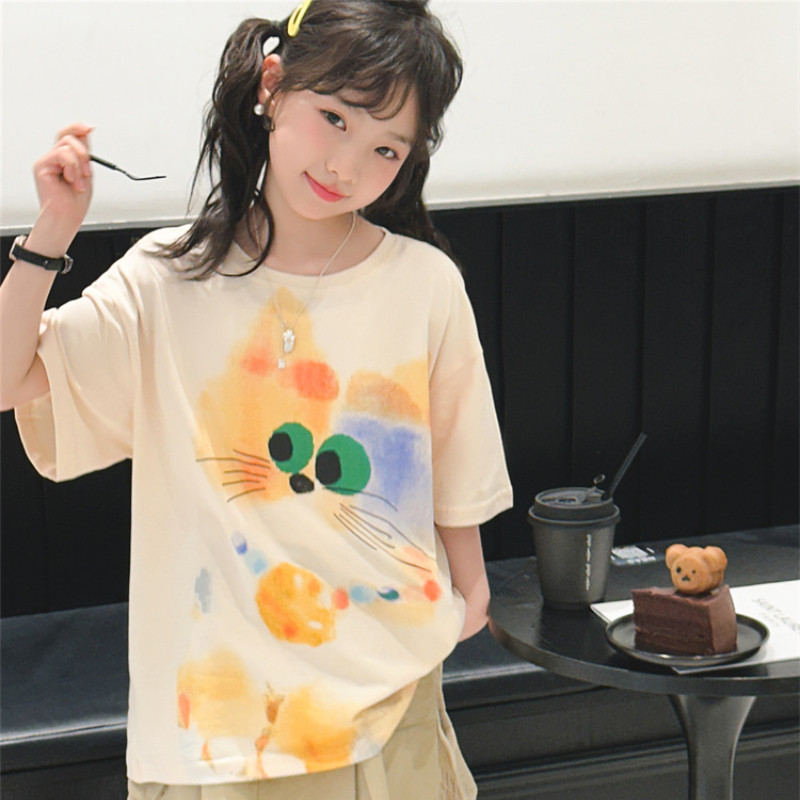 Meninas de manga curta camiseta terno verão novo estilo crianças doce estilo coreano topos meninas grandes crianças verã