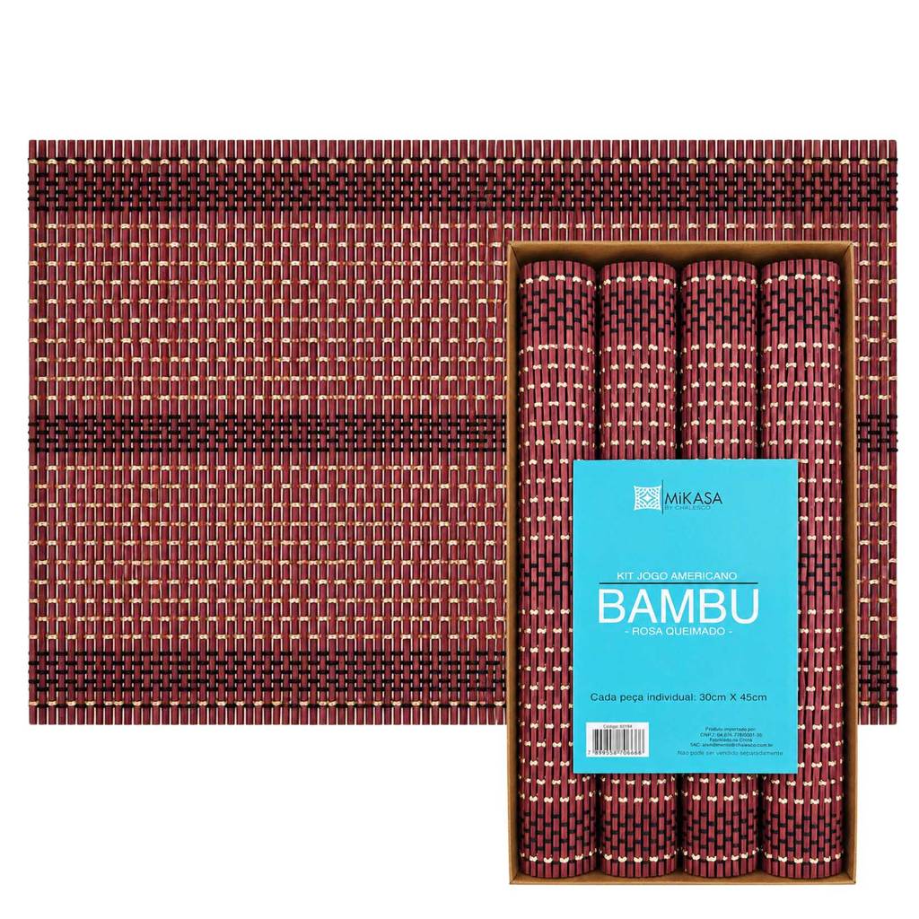 Jogo 4 Lugares Americano Bambu Rosa Queimado Retangular 30x45 Mesa Posta Mikasa