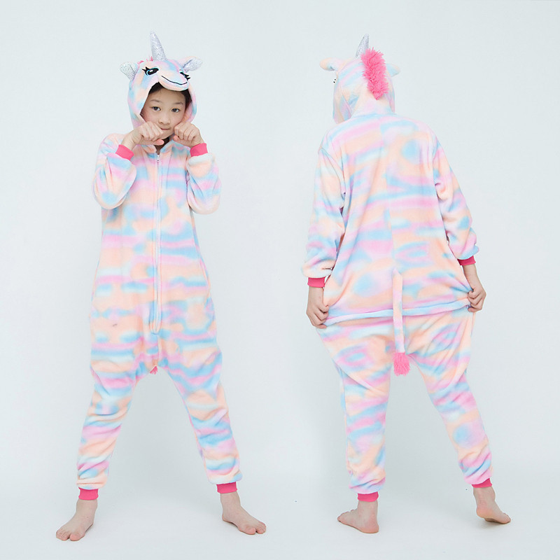 Pijama Infantil De Unicórnio Arco-Íris , Fantasia De Cosplay De Animal De Flanela Macia , Roupa De Dormir De Uma Peça Co