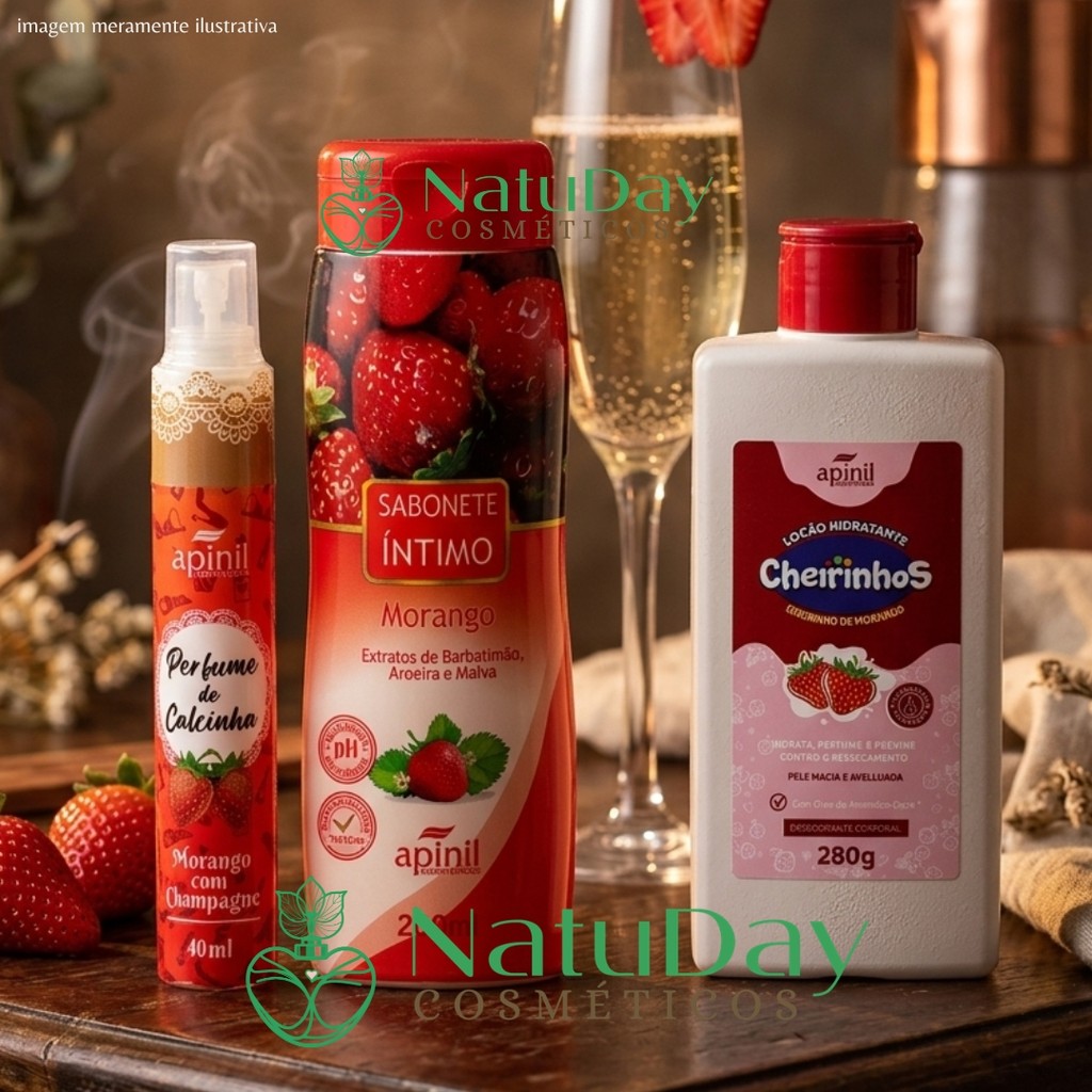 Trio Loção Hidratante Cheirinhos Morango Sabonete Líquido e Spray Perfumado Feminino