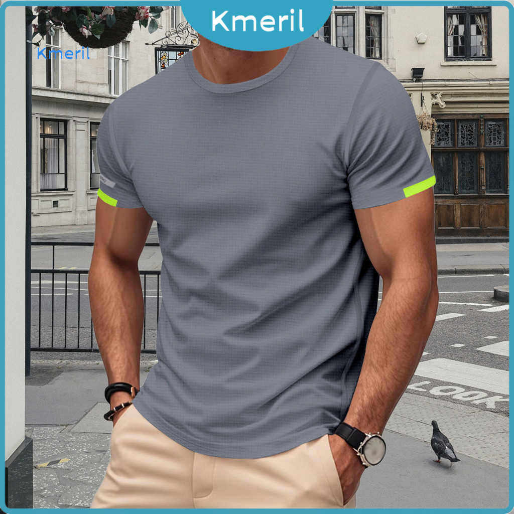 Men Round Neck T-shirt Slim Fit Pullover Top Men’s Summer Crew Short Sleeve Muscle Workout Tee Solid Color Gym Sports