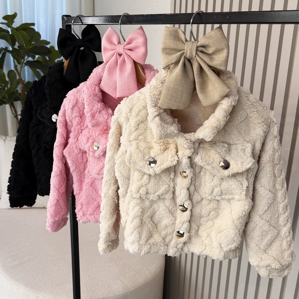 Casaco Infantil Teddy Julia Rosa, Branco e Bege Menina 02 ao 10