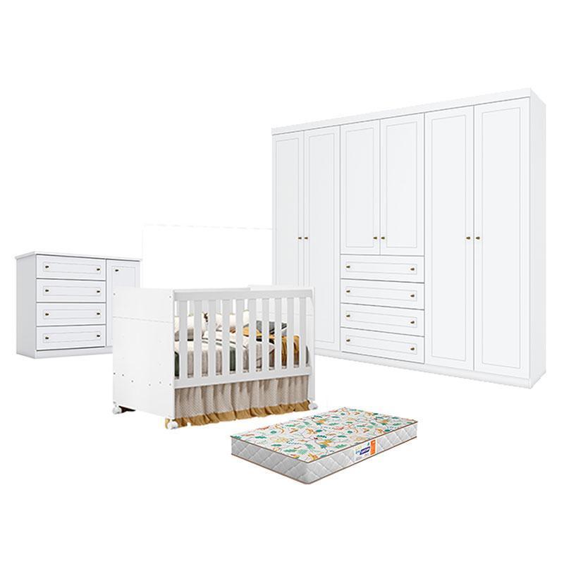 Quarto de Bebê Americano 6 Portas com Berço Americano Katatau Branco Acetinado – Reller - Henn e Colchão Gazin