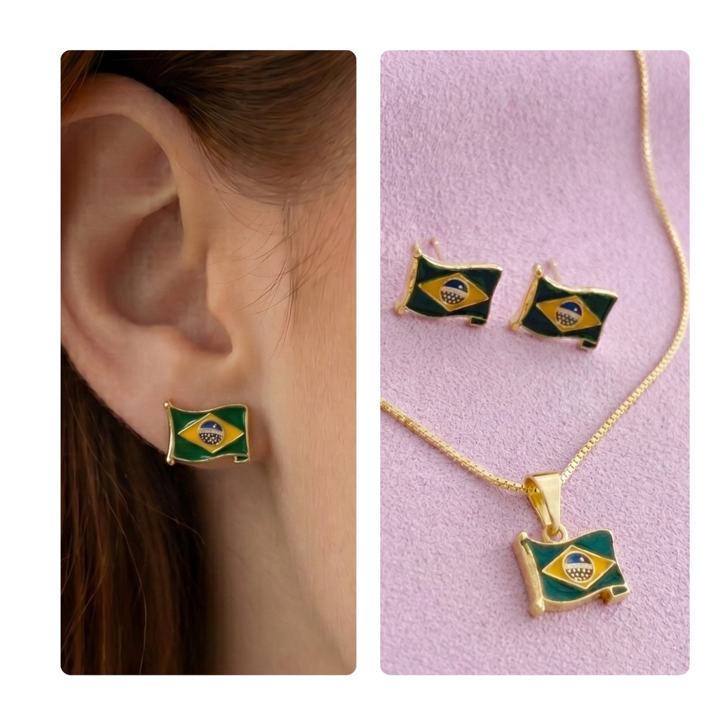 Joia Brinco Colar Copa Mundo Bandeira Brasil Kit Torcedor Acessorios Feminino Ouro18k Prata925 Antialergico