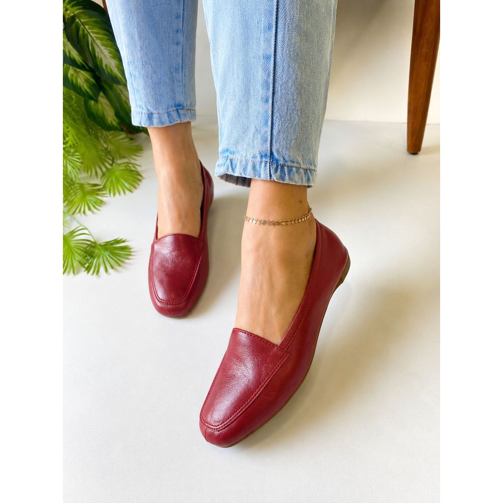Mocassim Feminino Vermelho Marsala Couro Legítimo Luxo Sapatilha Bico Quadrado Nilza Camargos Sapato fechado Luxo Couro