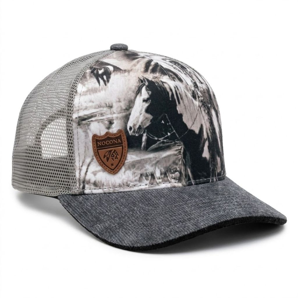 Boné Trucker Nocona Indio Cavalo Chile Aba Curva Country Veludo Cinza