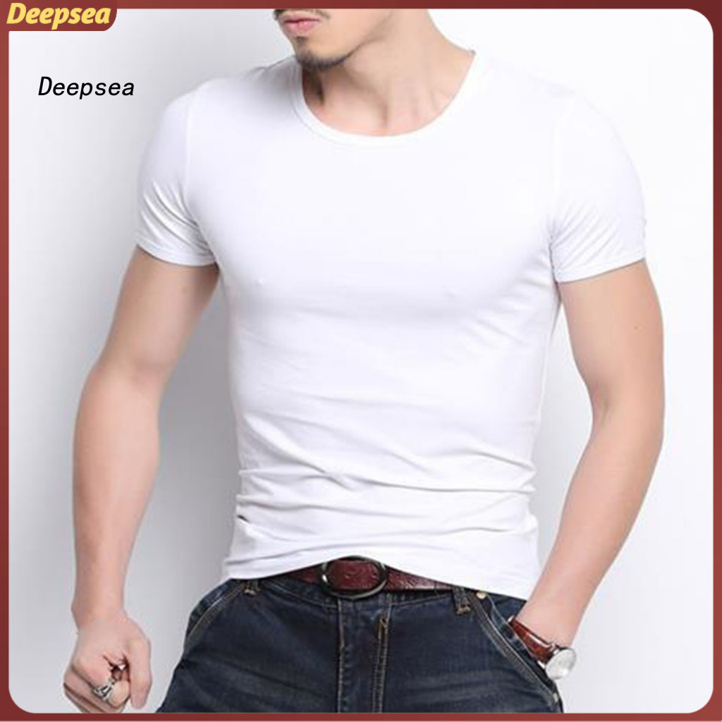 Summer Men’s T-shirt Casual Slim Fit Short Sleeve V Neck Round Soft Breathable Thin Pullover Solid Color Top for Hot W