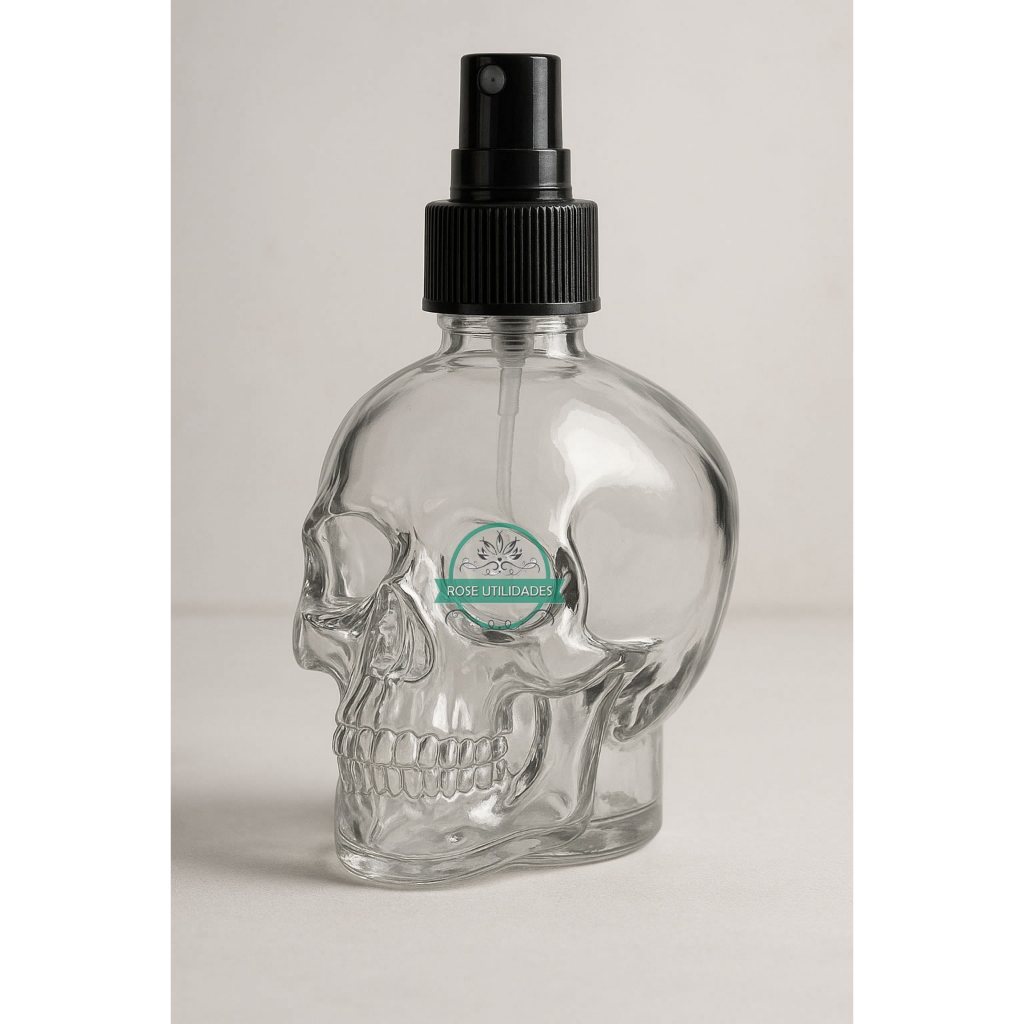 Frasco Vidro Caveira para Perfume, Aromatizador de Ambiente Spray e Varetas com Valvula