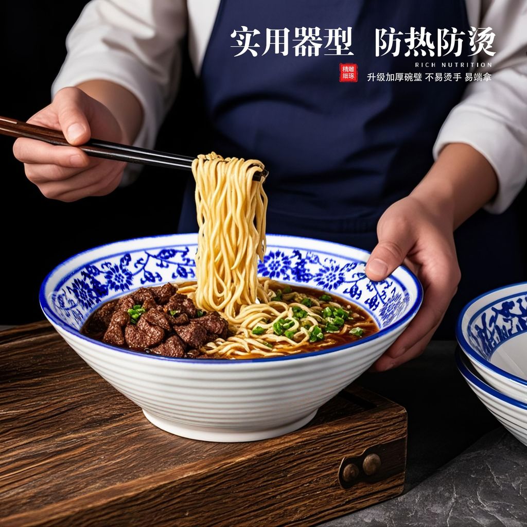 Tigela de Ramen de porcelana azul e branca Tigela de chapéu de bambu Tigela de macarrão de cerâmica retrô espessada Tige