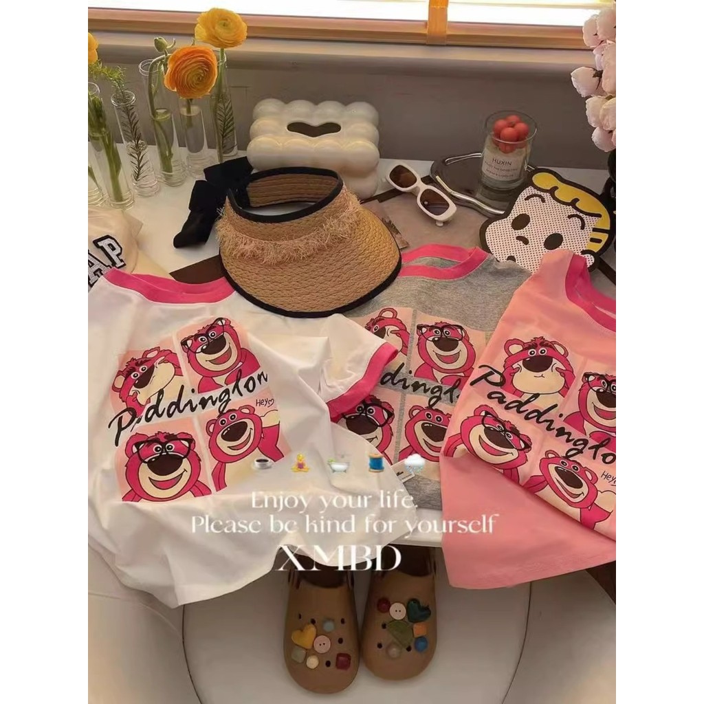 2024 novo estilo meninas camiseta de manga curta crianças morango urso bonito impresso moda roupas de verão bebê dos des
