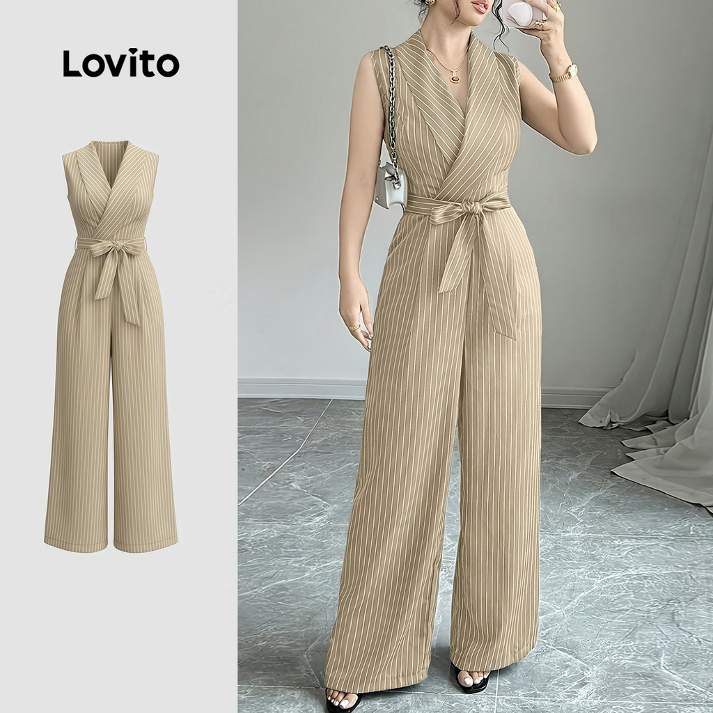 Lovito Padrão de Macacão Casual com Amarração Lazer Primavera/verão Macacão Khaki para Mulheres Bordado LK4AD415