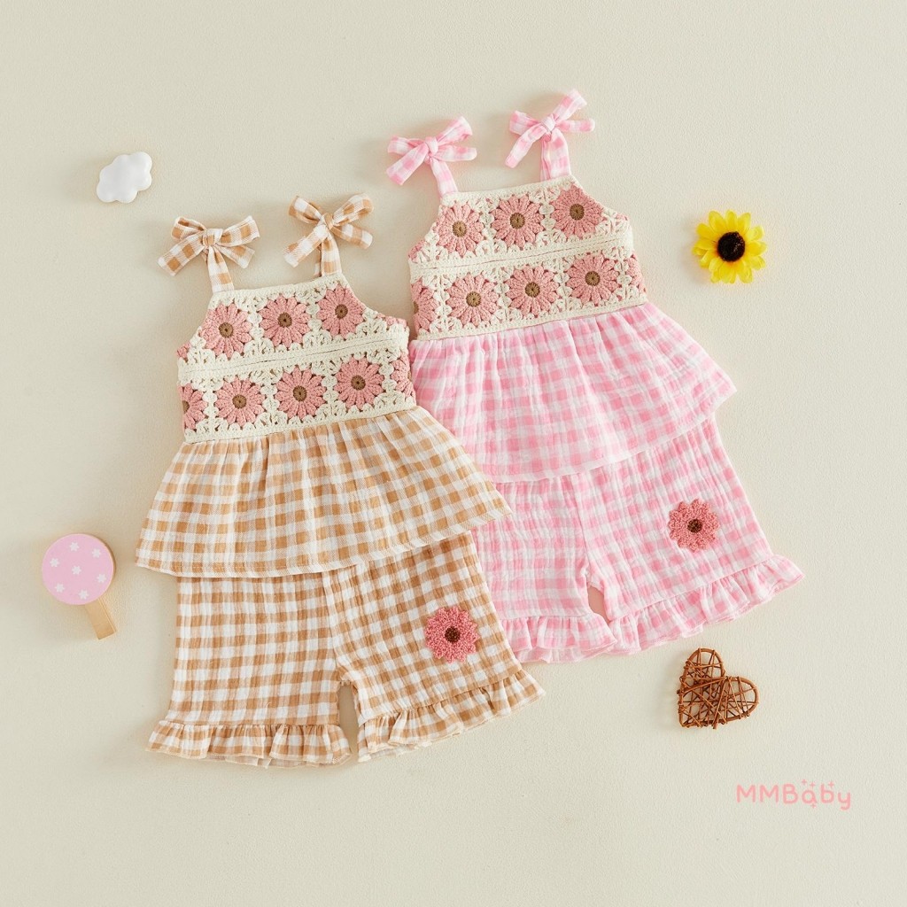 Mbaby-2 Peças Roupas De Verão Para Bebês Meninas Sem Mangas Com Estampa Xadrez Regata + Shorts Conjunto De Infantis