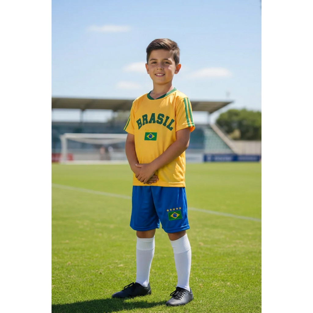 Uniforme Infantil Brasil 10 Conjunto Esportivo Camiseta e Short Azul Premium Futebol Treino Casual