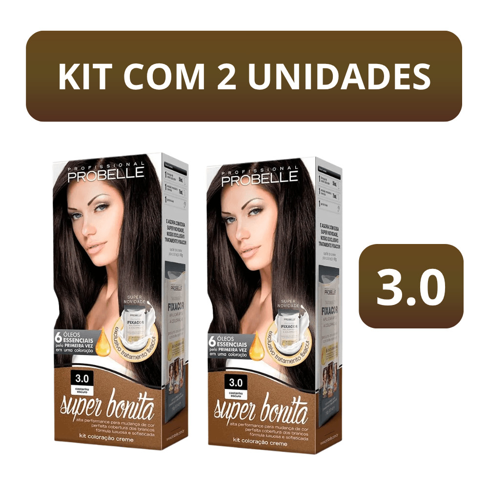 Kit c/2 Tinta de Cabelo Super Bonita Probelle 3.0 Castanho Escuro - Coloração com Brilho e Maciez
