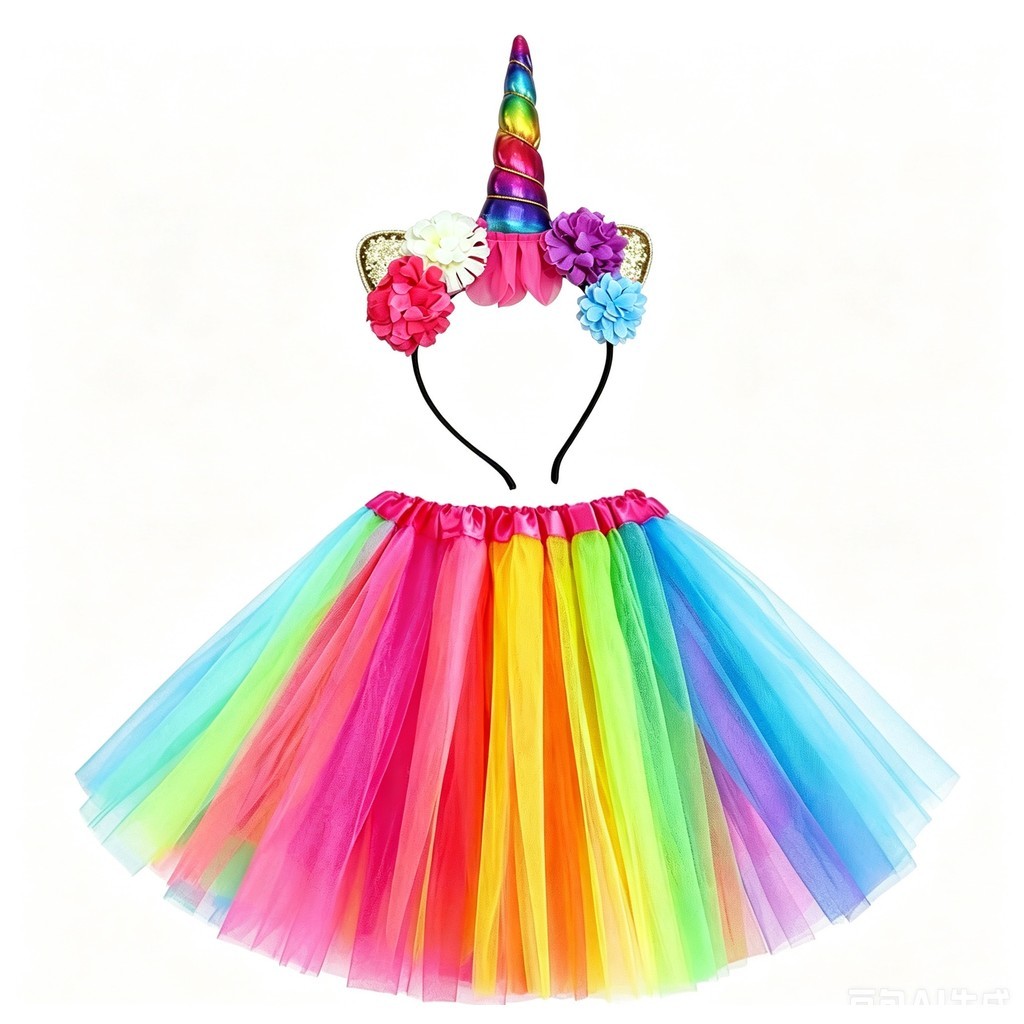 Kit 2 Saia Tule Arco Iris colorido 30 cm com tiara de unicórnio Infantil festa Carnaval natal