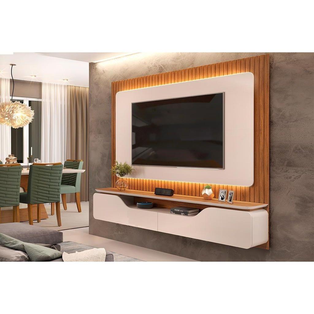 Painel Home p/ TV até 70 Polegadas Treviso Ripado 100% MDF c/ Led 210x180cm Off White/Freijó - DJ Móveis