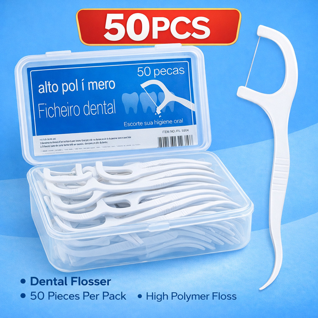 Fio Dental com Haste 50 Unidades Limpeza Bucal Higiene Oral Palito Dental para Dentes e Gengiva