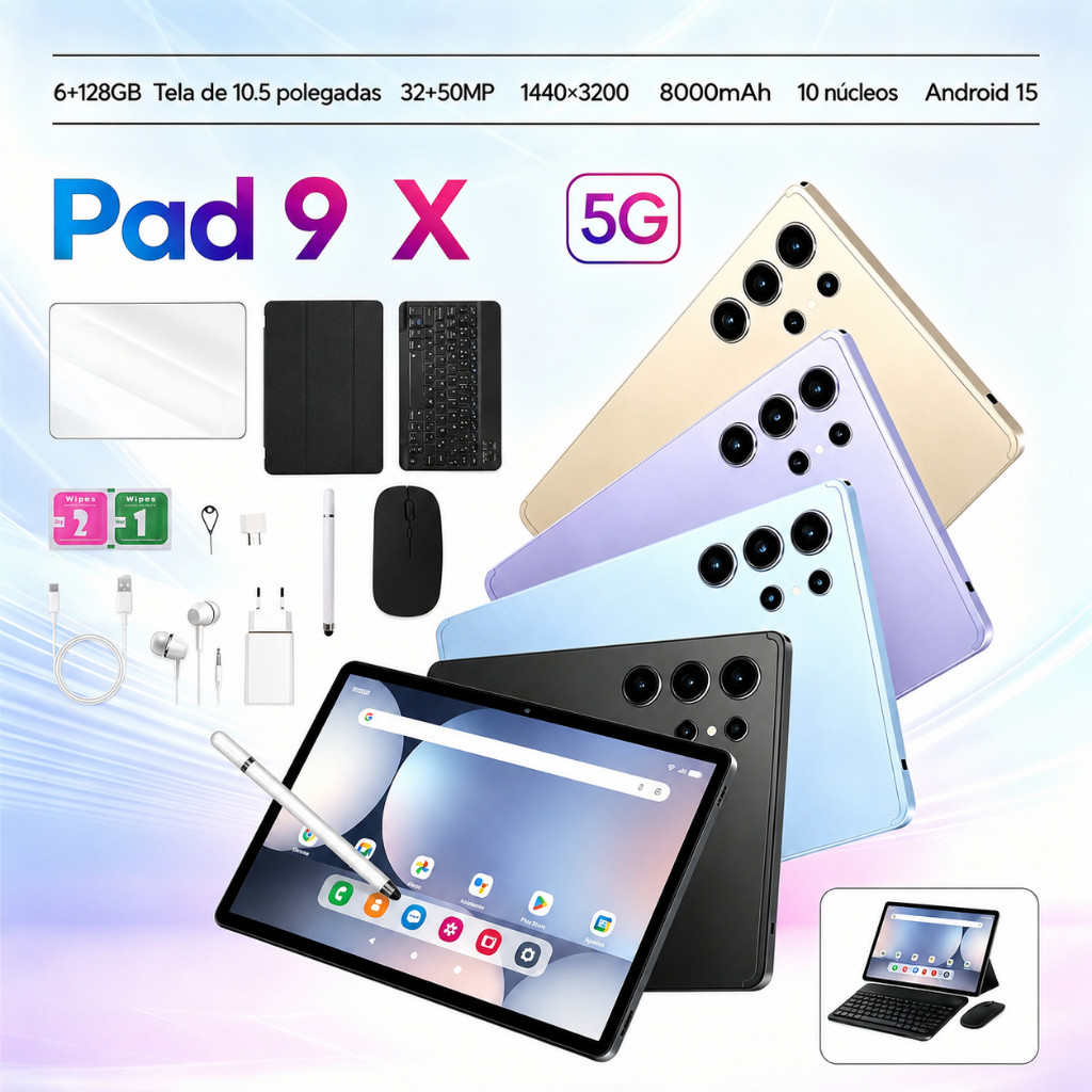Tablet Pad 9X 10.1" 5G Android 13 Octa Core Dual SIM 6GB+128GB WiFi GPS 8000mAh Teclado Mouse Caneta