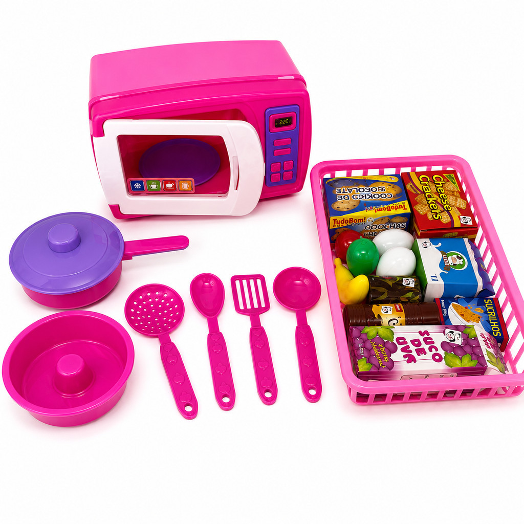 Kit 21 Peças Cozinha Brinquedo Infantil Microondas com Prato Giratório Panelinhas Colherzinhas Comidinhas Menina