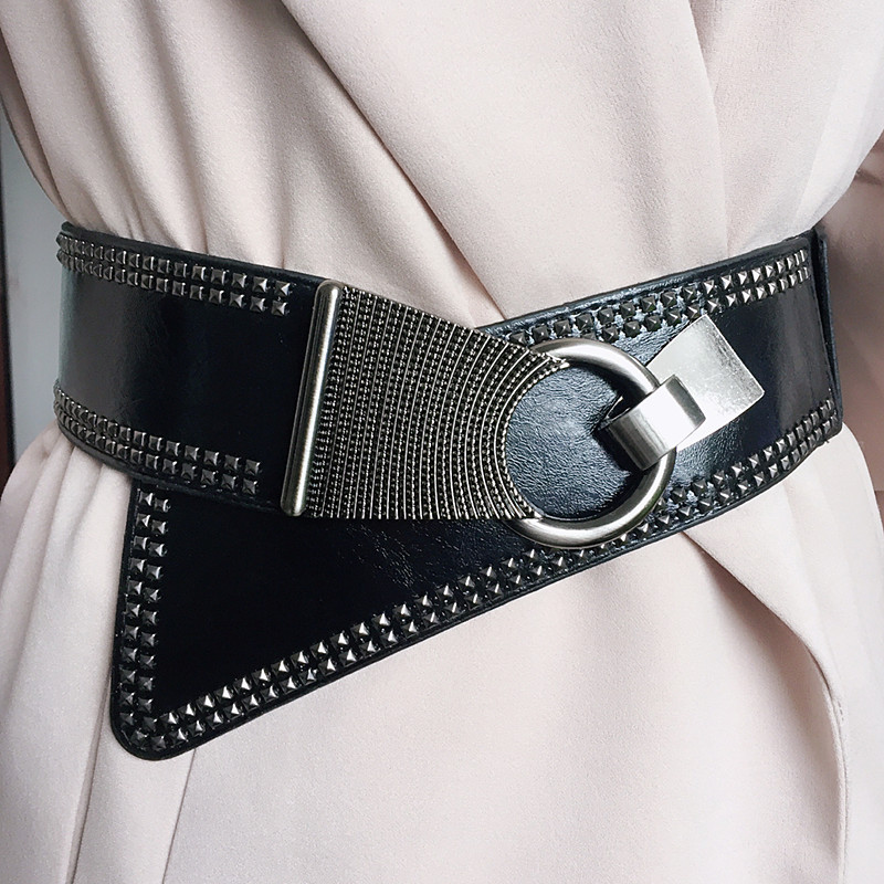 Senhoras Diagonal jogo cinto largo preto moda rebites estilo Punk All-match cinto largo combinando vestido cinto decorat