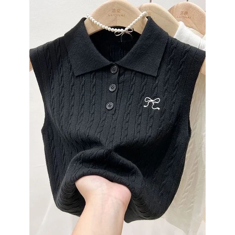 Polo lapela colete de malha feminino verão exterior Wear estilingue interno sem mangas colete Bowknot bordado tailandês