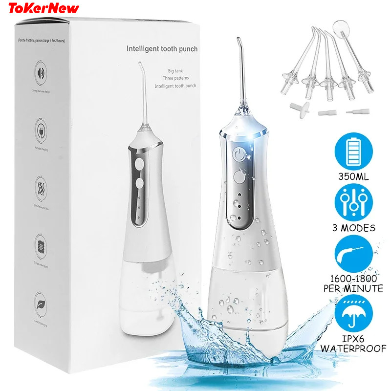 ToKerNew Irrigador Oral Portátil com Tanque de Água de 350ML, Limpador de Dentes à Prova d'Água, Recarregável por USB, J
