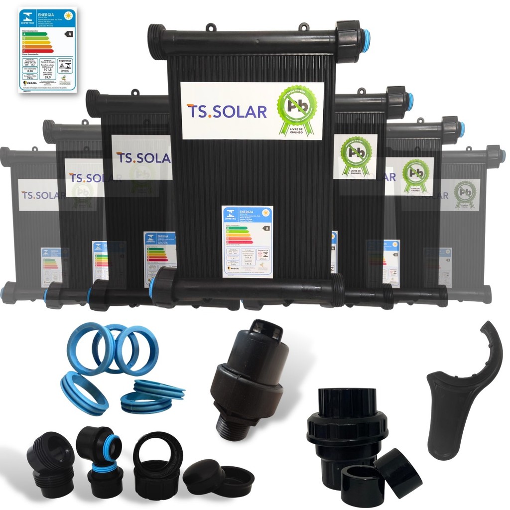 Kit 7 Placas Solar 3m TS Solar Piscina 8.500L + Válvula Quebra Vácuo + Retenção + Kit instalação