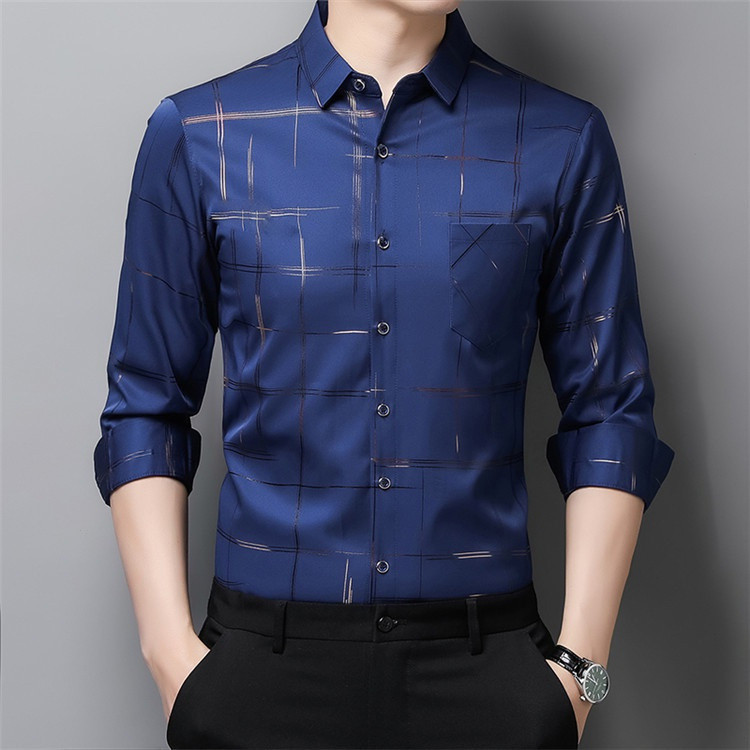 Camisa xadrez masculina, camisa de manga comprida com gola alta, camisa formal masculina 886