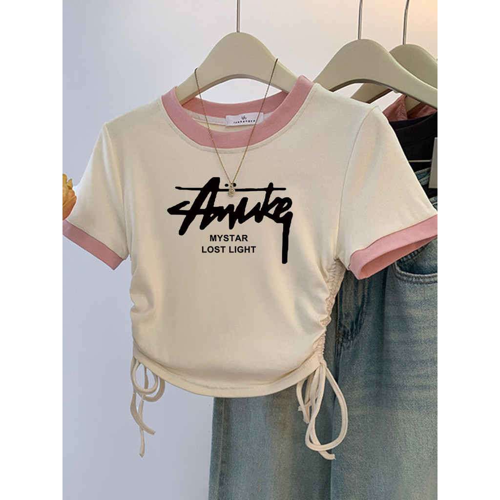 Meninas usam camiseta de manga curta de algodão puro com bloqueio de cores verão crianças grandes estudantes da escola p