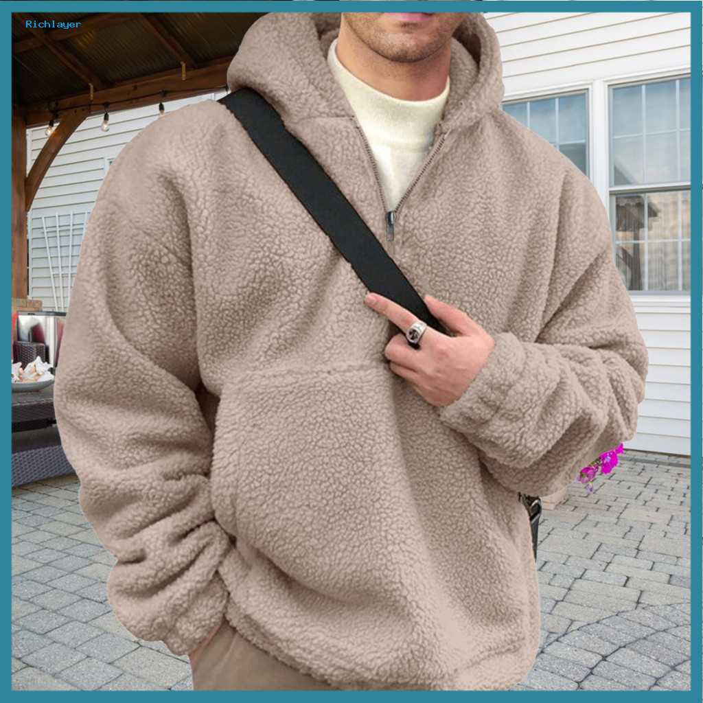 Men Pullover Hoodie Solid Color with Pocket Winter Men’s Double-sided Flannel Thermal Top Half-zip Collar Big Front Lo