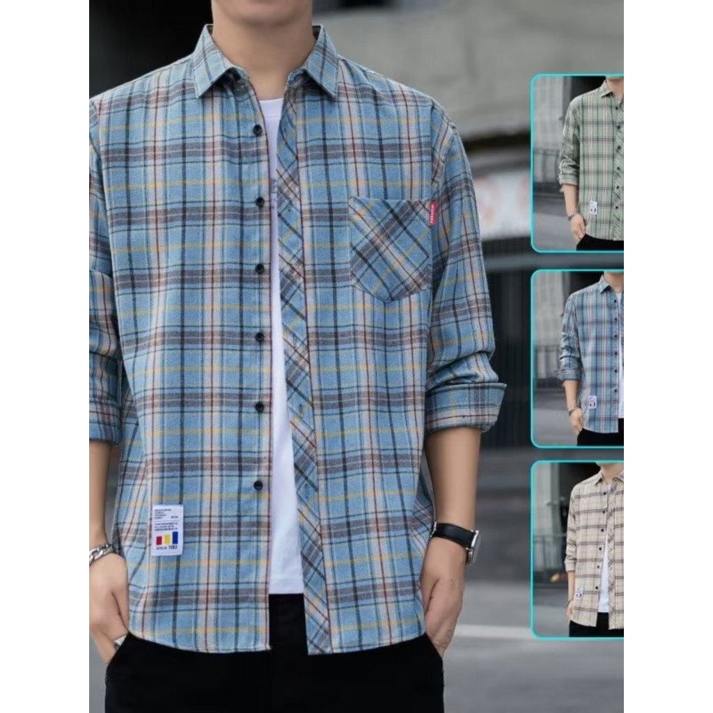 Camisa xadrez de manga comprida 2025 primavera outono novo estilo na moda masculina solta camisa Casual jaqueta estilo f