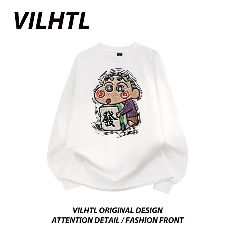 Novo desenho animado imitação bordado Crayon Shin-Chan impresso algodão puro manga comprida camiseta masculina outono in
