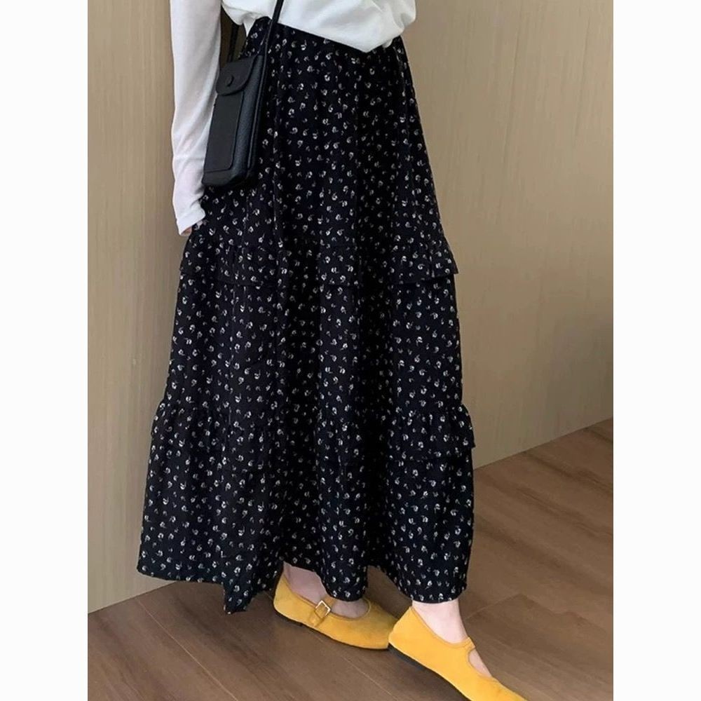 Preto Retro pequena saia Floral feminina primavera cintura alta A linha guarda-chuva saia corpo capa virilha bolo saia l