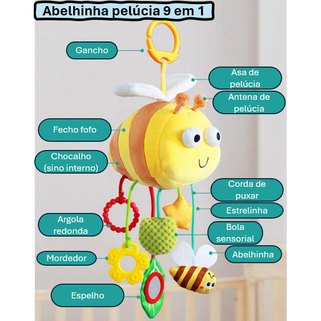 Mobile Abelhinha Pelúcia 9 em 1 com Chocalho Mordedor Espelho - Brinquedo Sensorial Crianças e Bebês